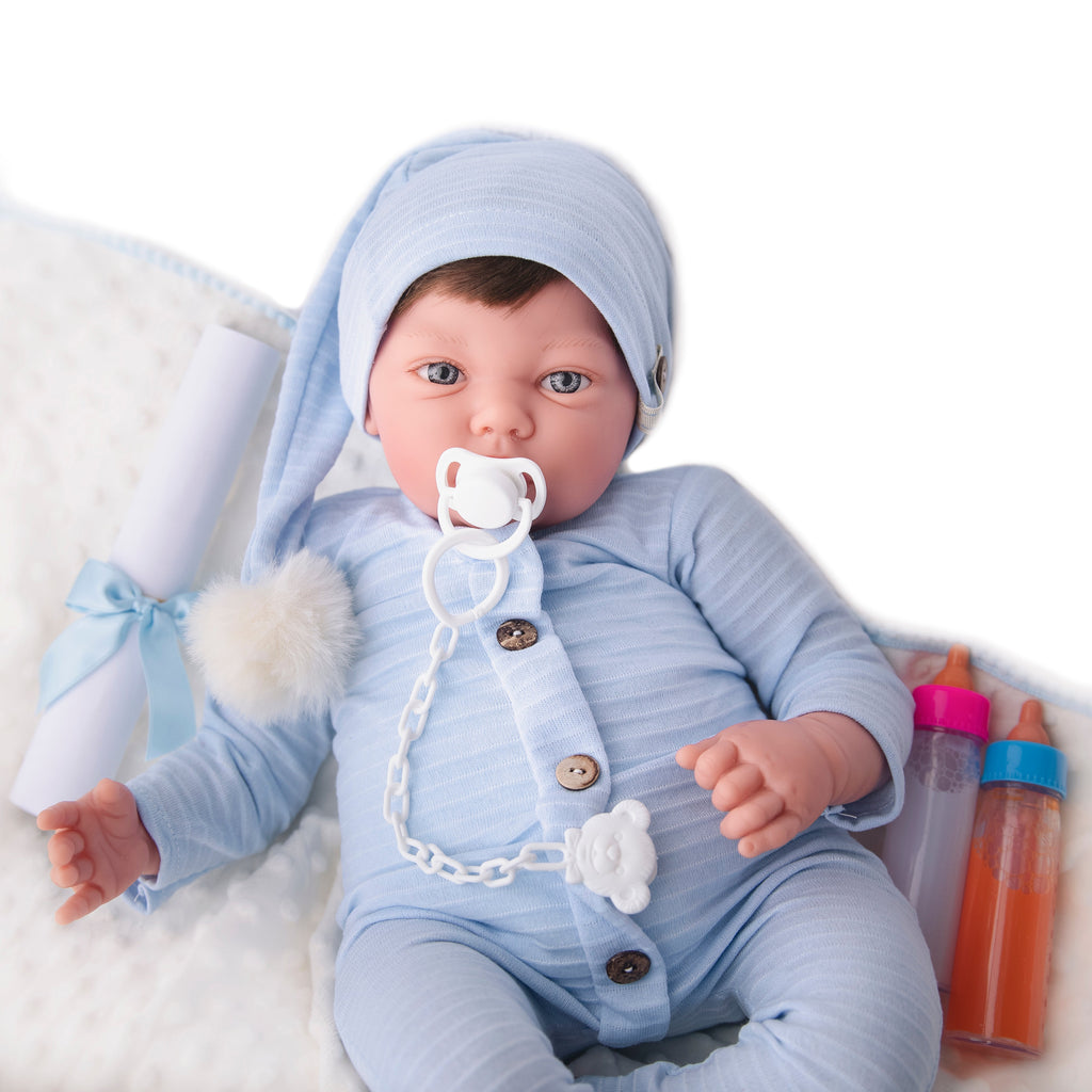 Bebe Reborn Muñeca Reborn Bruno - 52cm y 2kg - Vinilo Blando, Cuerpo Tela y Caida de Cabeza