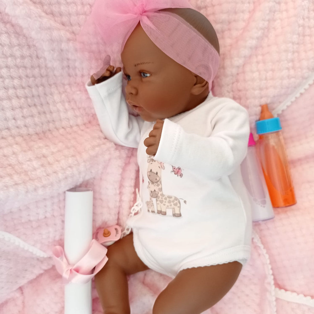 Bebe Reborn Muñeca Reborn Africa- 48cm y 2kg - Vinilo Blando, Cuerpo Tela y Caida de Cabeza