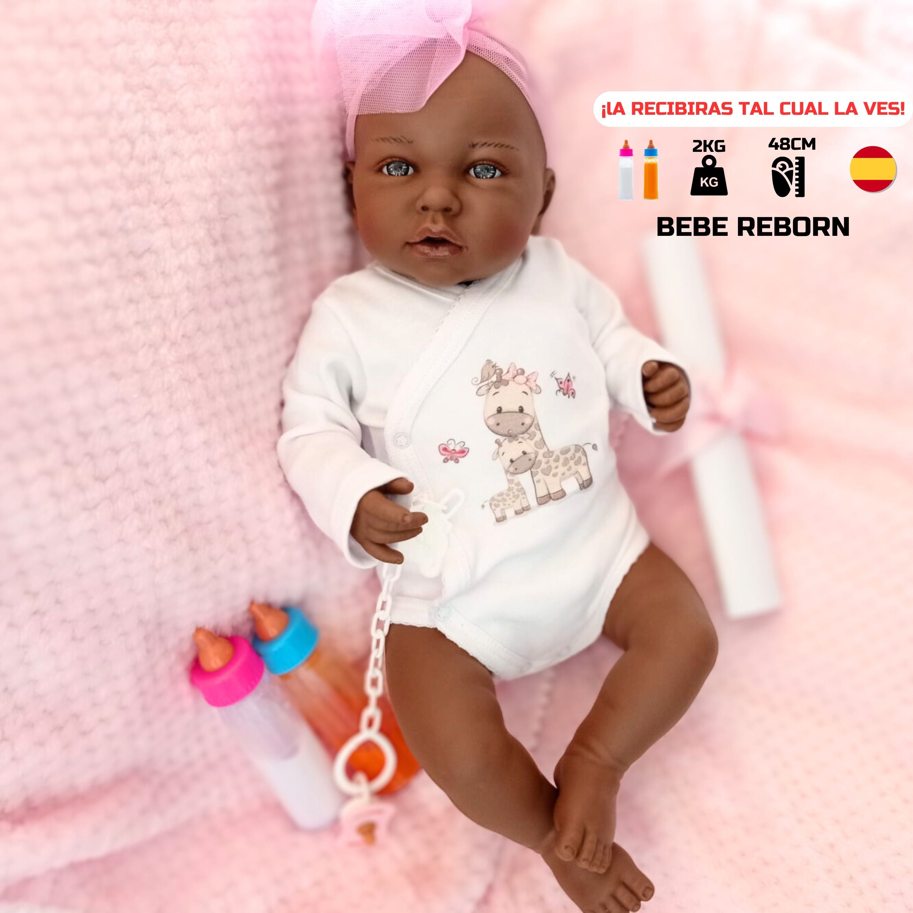 Bebe Reborn Muñeca Reborn Africa- 48cm y 2kg - Vinilo Blando, Cuerpo Tela y Caida de Cabeza
