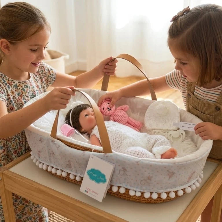 Capazo Artesanal de Mimbre para Muñecas Reborn (hasta 43cm) - "Mis Primeros Sueños"
