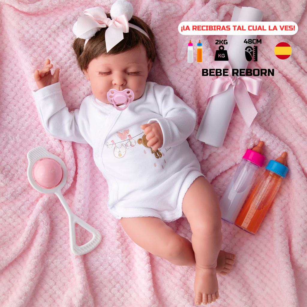 Bebe Reborn Muñeca Reborn Estrella- 48cm y 2kg - Vinilo Blando, Cuerpo Tela, Chupete Imantado y Caida de Cabeza