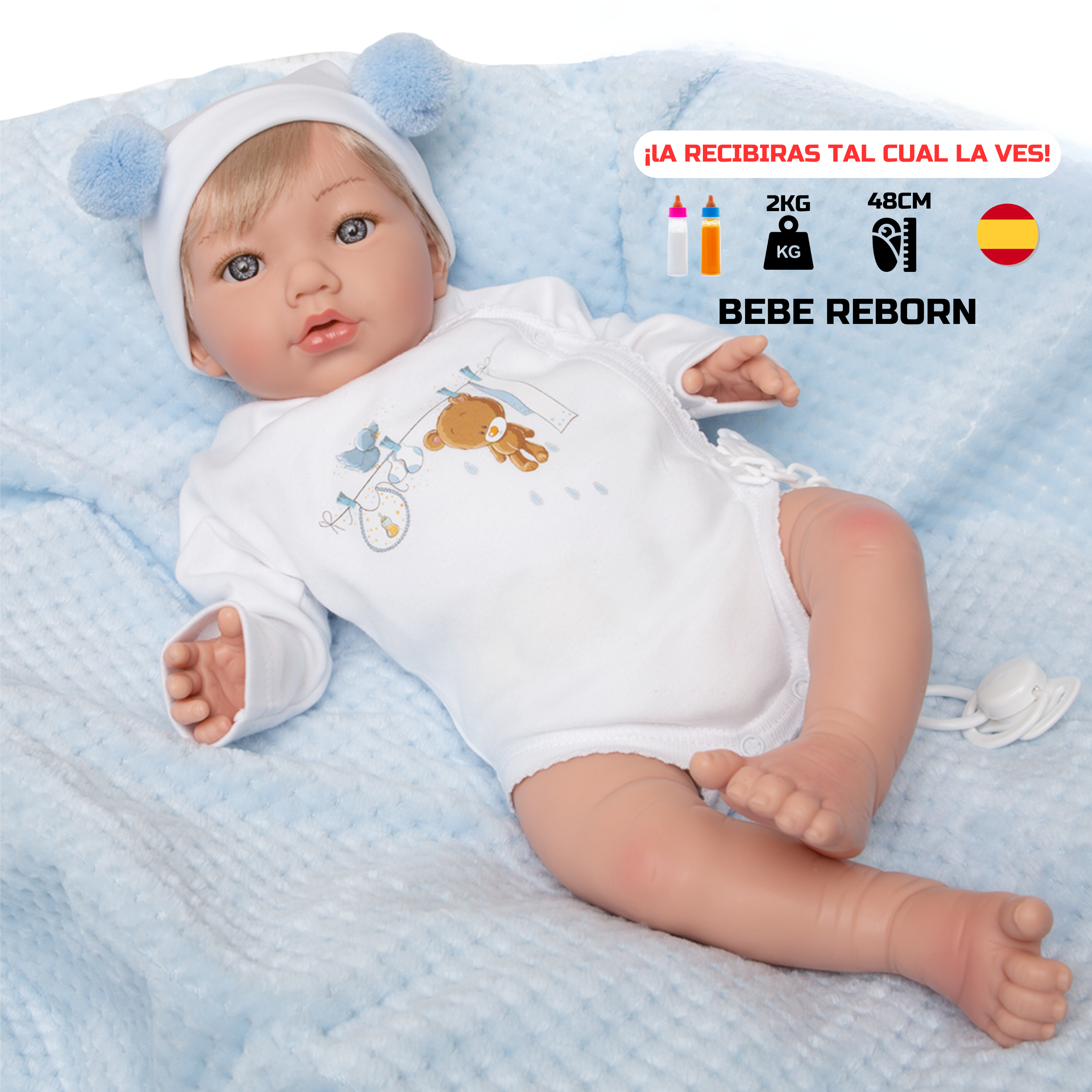 Bebe Reborn Muñeca Reborn Manuel - 48cm y 2kg - Vinilo Blando, Cuerpo Tela y Caida de Cabeza