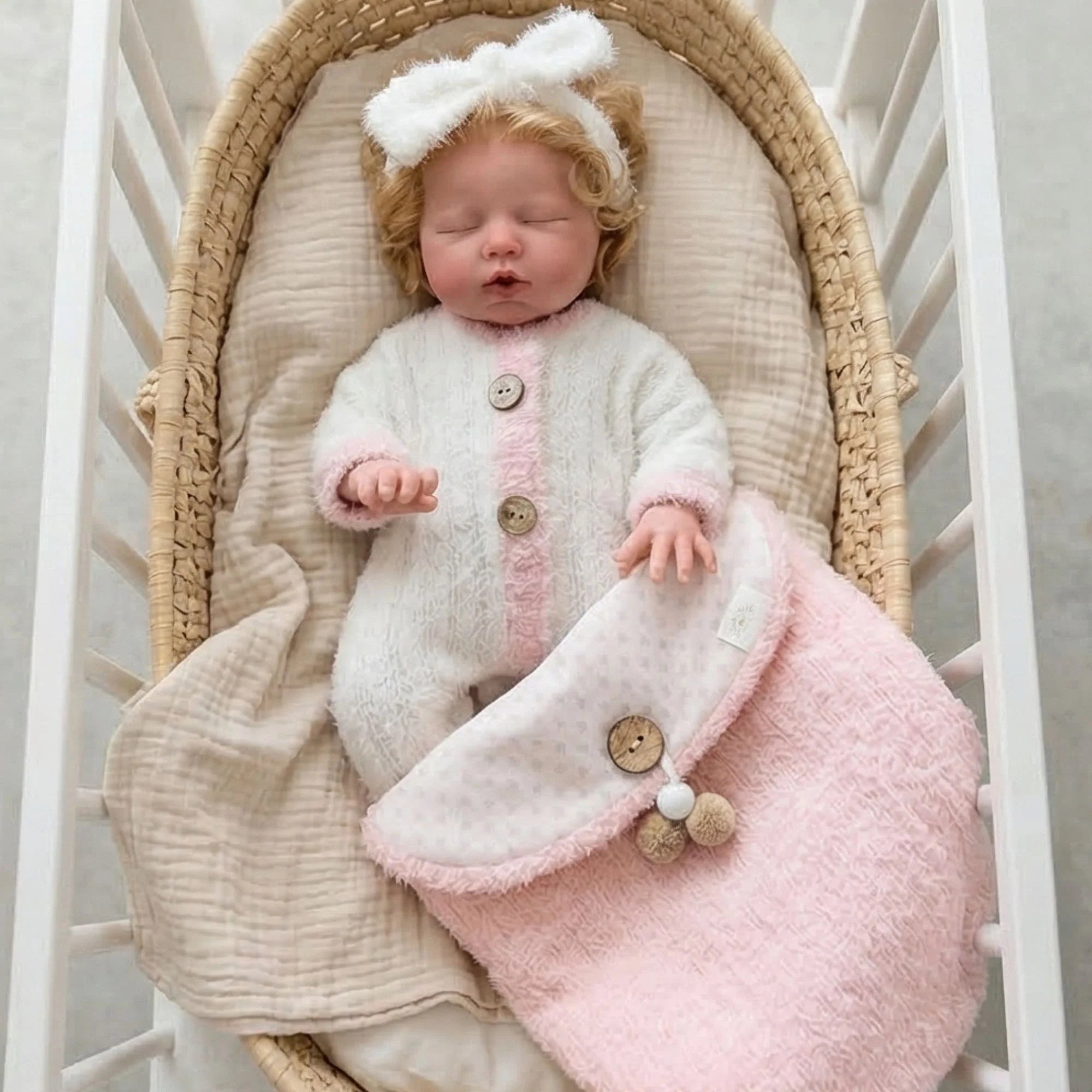 Conjunto "Efecto Nube" de Angora (Pelele + Saco + Diadema) – Para Muñecas 30-36 cm