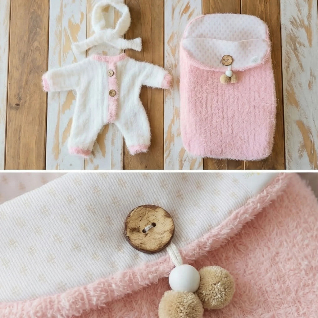 Conjunto "Efecto Nube" de Angora (Pelele + Saco + Diadema) – Para Muñecas 30-36 cm