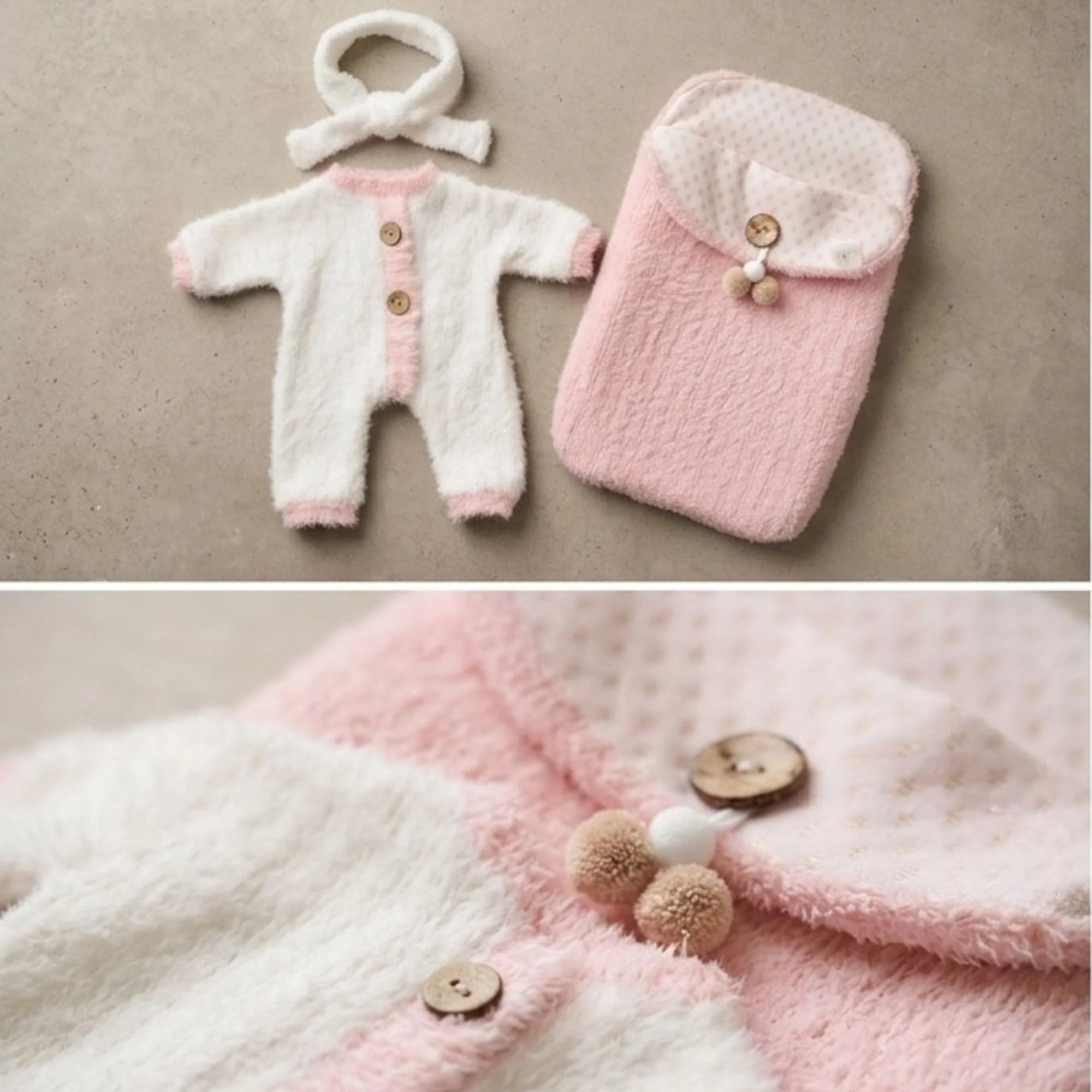 Conjunto "Efecto Nube" de Angora (Pelele + Saco + Diadema) – Para Muñecas 30-36 cm