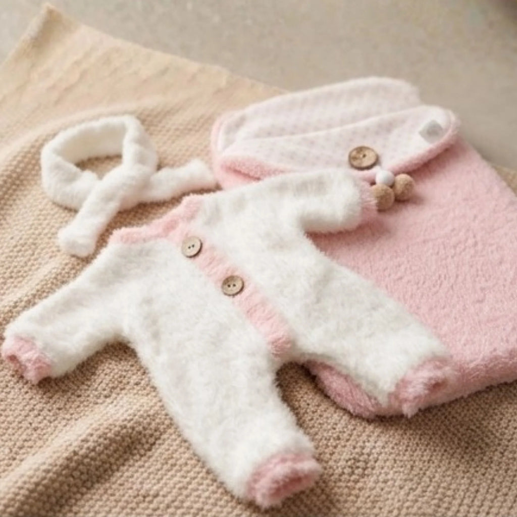Conjunto "Efecto Nube" de Angora (Pelele + Saco + Diadema) – Para Muñecas 30-36 cm