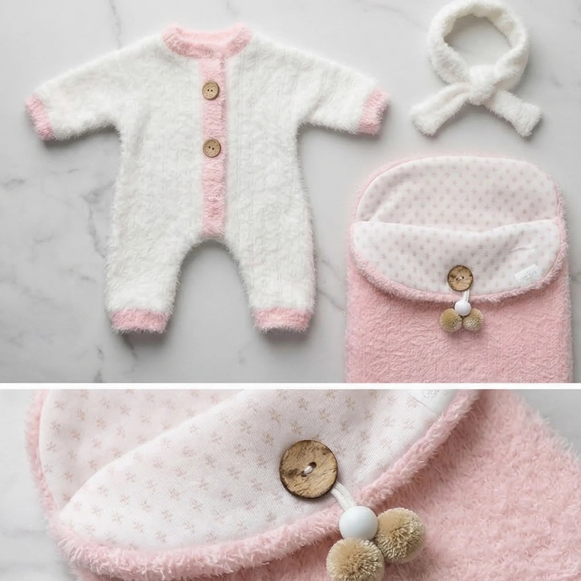 Conjunto "Efecto Nube" de Angora (Pelele + Saco + Diadema) – Para Muñecas 30-36 cm