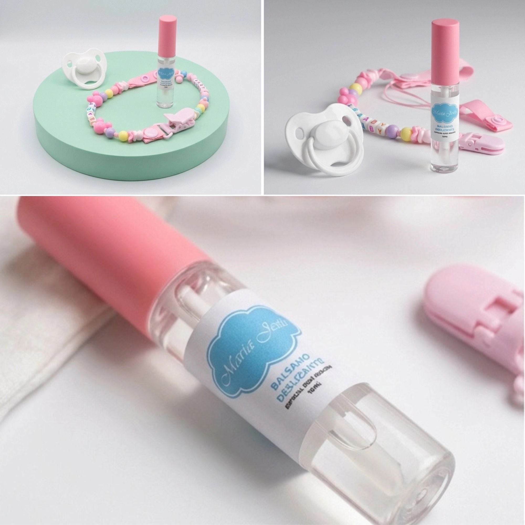 Set 4 en 1 "Dulce Paseo": Chupete, Chupetero y Lubricante para Bebés de Silicona (Miel, Adriana y Leo) 🍼