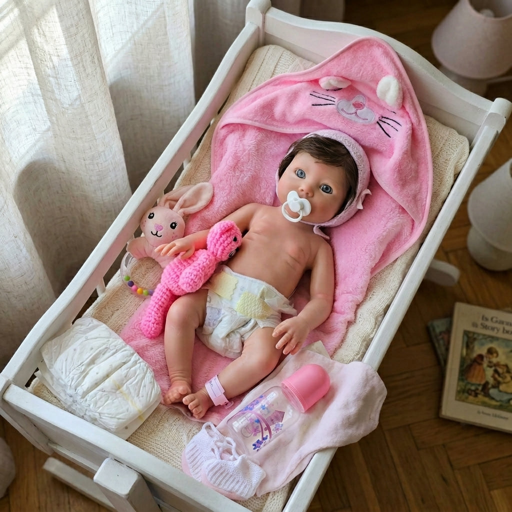Bebé Reborn Silicona "Lorea" (47cm, 2.9kg) – ¡Tacto Auténtico, Venitas a Dos Tonos y Pelo Real! ☁️🎀